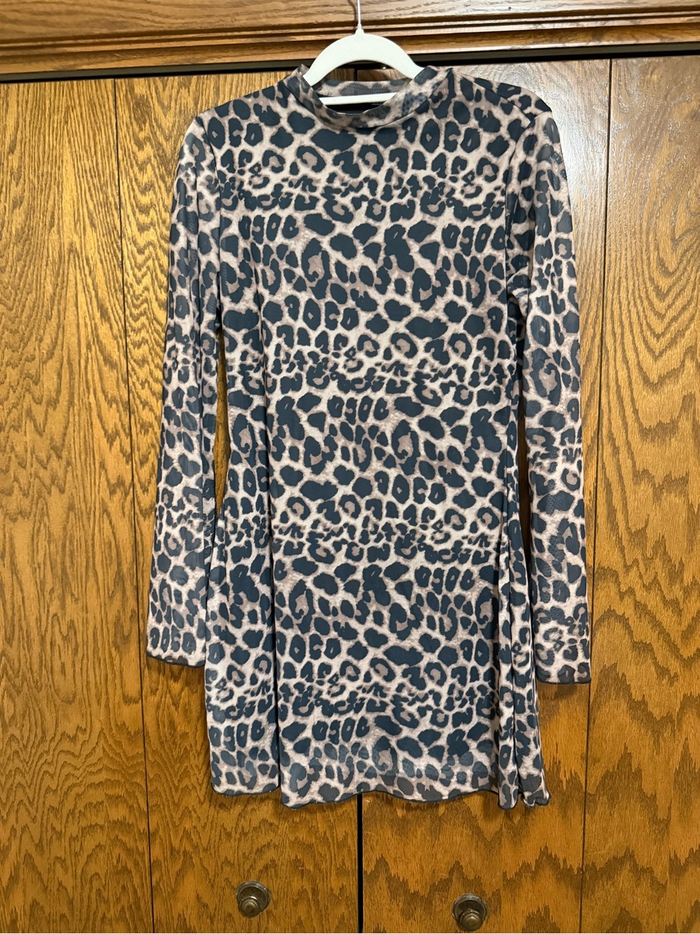 Woman’s Long-Sleeve Leopard Print Dress - Taupe & Black